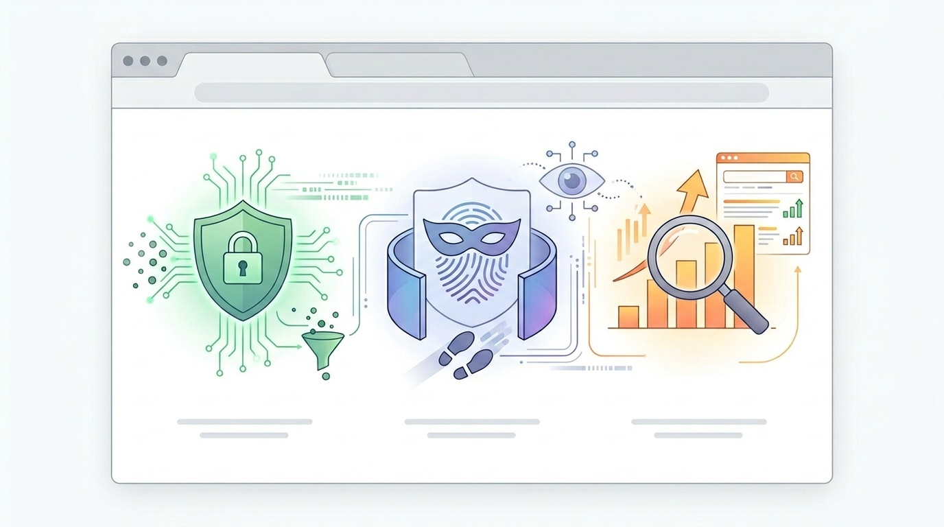 Illustration of a web page link branching into security, privacy, and SEO concepts.