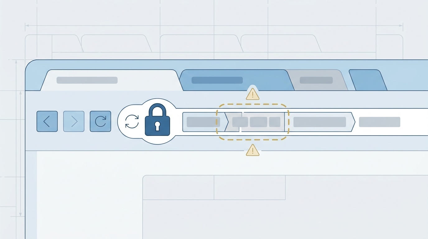 Illustration of a secure browser connection with redirect arrows and subdomain warning markers.