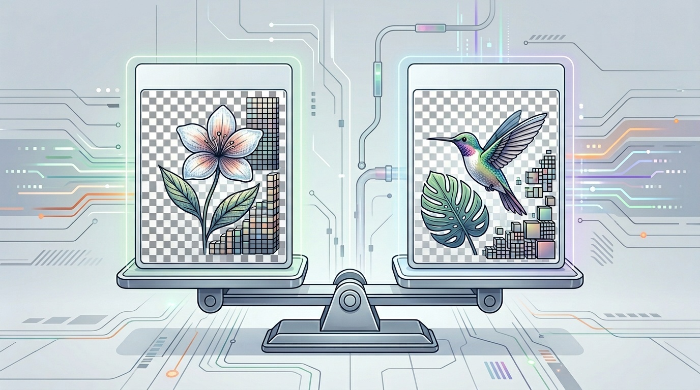 Illustration comparing PNG and WebP lossless image compression with transparent pixel graphics on a scale.